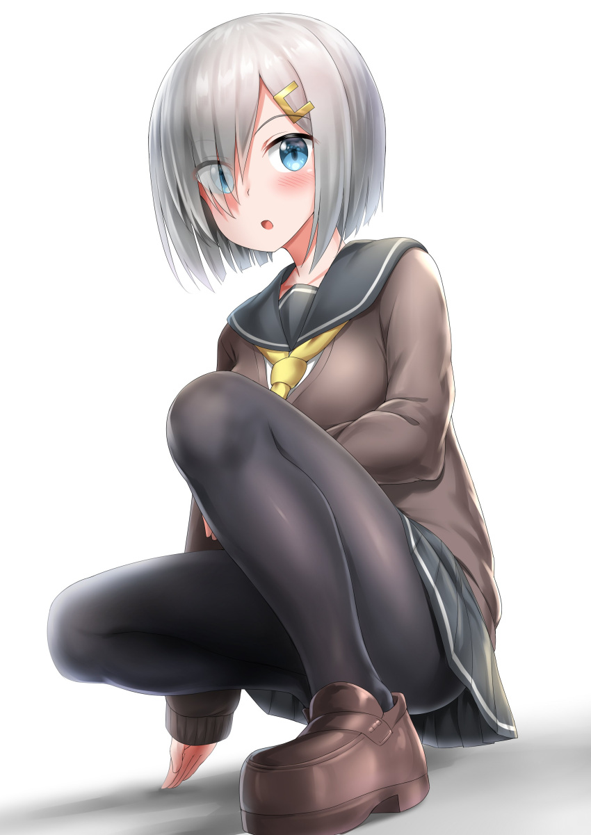 1girl absurdres blue_eyes blush breasts brown_footwear cardigan collarbone full_body grey_jacket hair_ornament hair_over_one_eye hairclip hamakaze_(kantai_collection) highres jacket kantai_collection kneeling long_sleeves looking_at_viewer medium_breasts nedia_(nedia_region) open_mouth pantyhose sailor_collar short_hair silver_hair simple_background solo white_background