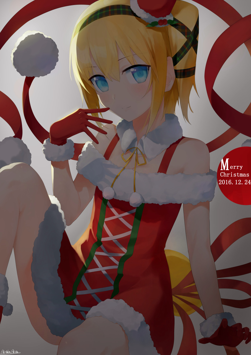 1girl 2016 absurdres akitaka_akita bare_shoulders blonde_hair blue_eyes blush breasts christmas dated detached_collar edna_(tales) fur-trimmed_dress fur-trimmed_gloves fur_trim gloves highres long_hair merry_christmas red_gloves short_twintails signature small_breasts smile solo tales_of_(series) tales_of_zestiria thighs twintails