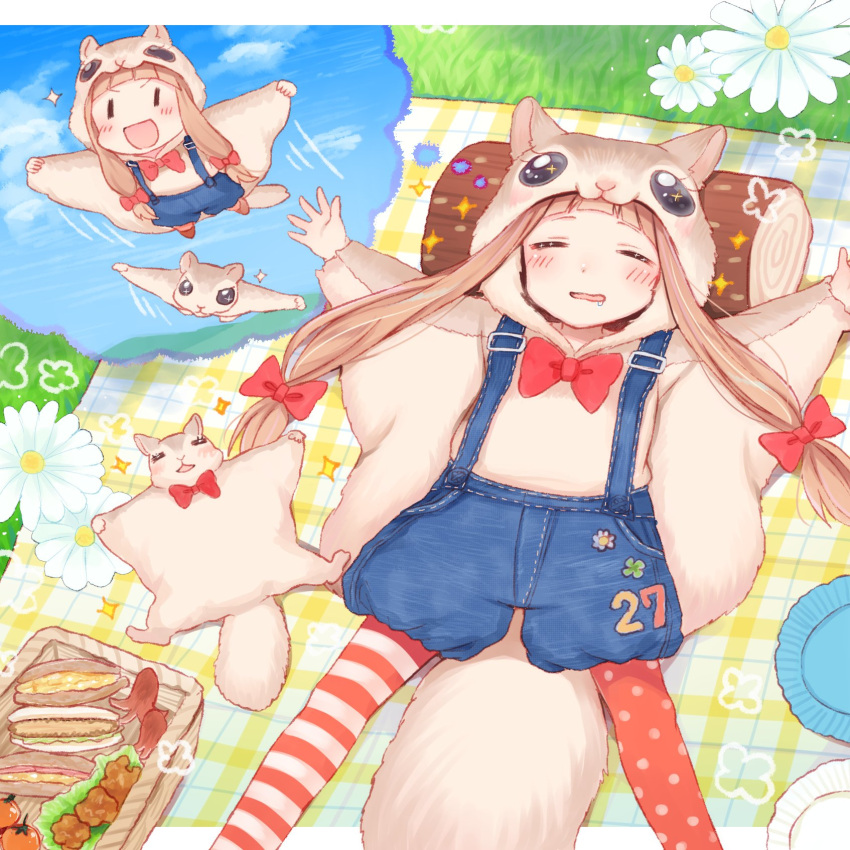 1girl :d animal animal_costume asymmetrical_legwear bow bowtie closed_eyes commentary_request dreaming drooling flower flying flying_squirrel food grass gum_(vivid_garden) hair_ribbon highres ichihara_nina idolmaster idolmaster_cinderella_girls light_brown_hair long_hair open_mouth outdoors outstretched_arms pantyhose picnic_basket polka_dot polka_dot_legwear red_legwear ribbon sandwich sleeping smile solo sparkle spread_arms squirrel striped striped_legwear suspenders tako-san_wiener tress_ribbon |_|