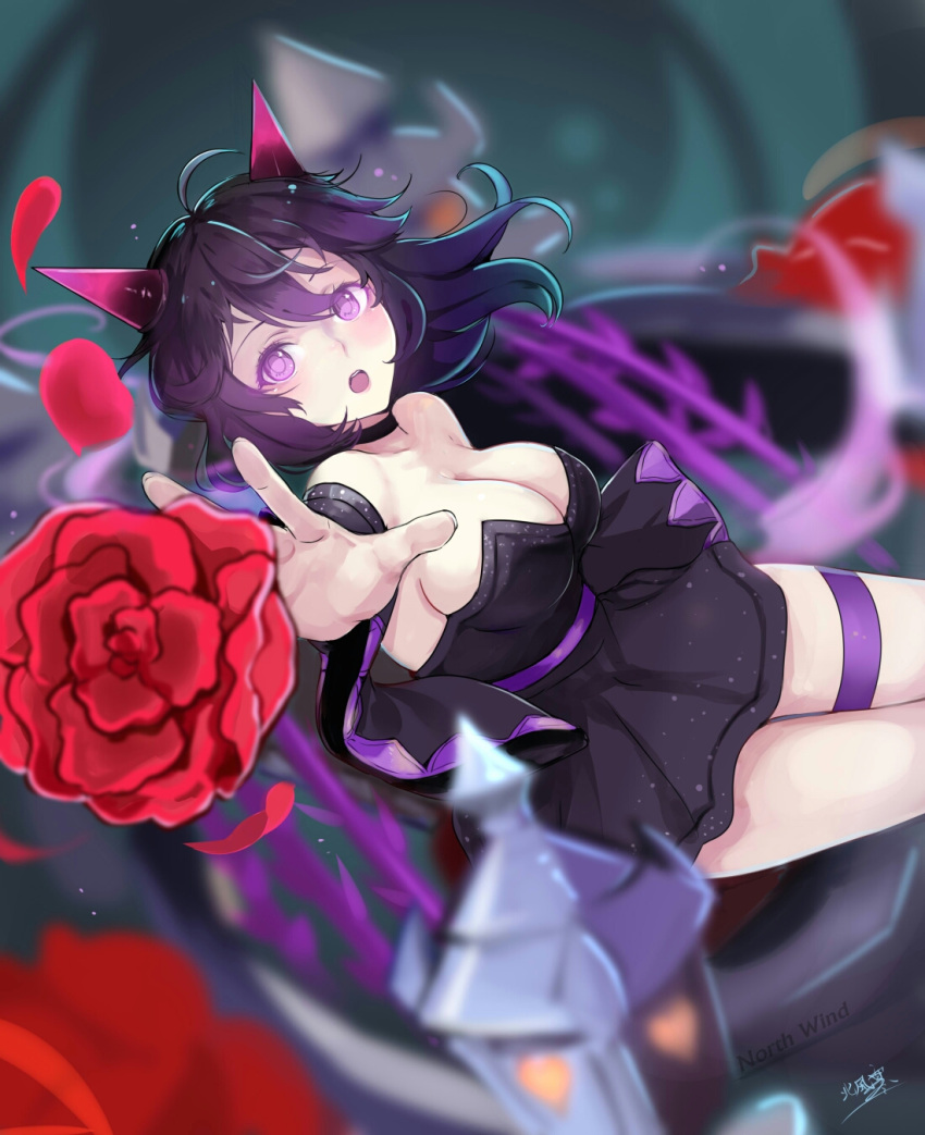 1girl :o artist_name beifeng_han black_dress black_hair breasts cleavage commentary_request cowboy_shot dress flower hair_between_eyes highres horns large_breasts long_hair looking_at_viewer miyaura_sanshio open_mouth original outstretched_hand rose signature solo violet_eyes