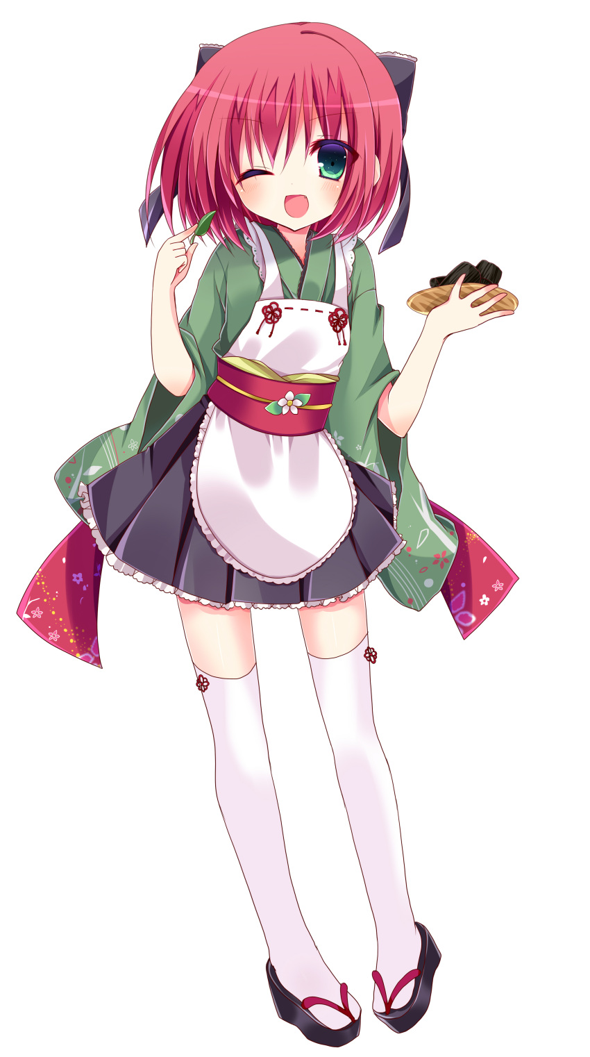 1girl ;d absurdres ai_1003 apron black_bow black_footwear black_skirt bow fang food full_body green_eyes green_kimono hair_bow highres holding holding_food holding_plate japanese_clothes kimono long_sleeves looking_at_viewer obi one_eye_closed open_mouth original plate pleated_skirt print_kimono redhead sash short_kimono simple_background skirt smile solo standing thigh-highs wa_maid white_apron white_background white_legwear wide_sleeves zouri