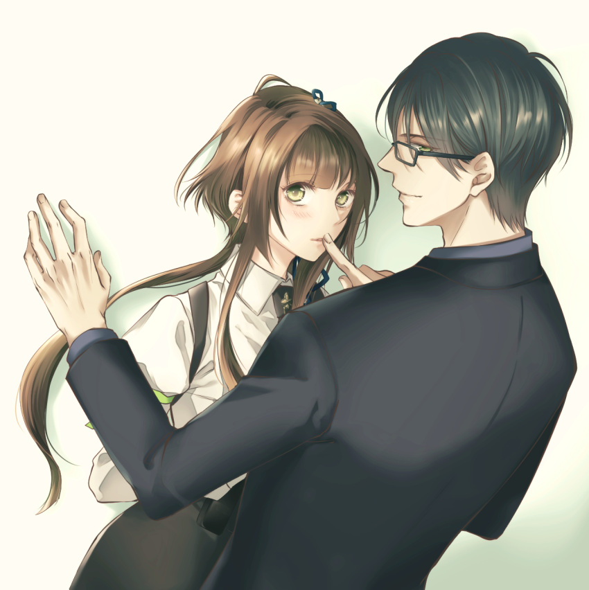 1boy 1girl black-frame_eyewear black_hair blush brown_hair collar_x_malice finger_to_mouth formal glasses green_eyes highres hoshino_ichika long_hair looking_at_viewer minegishi_seiji rera_(12169432) standing suit