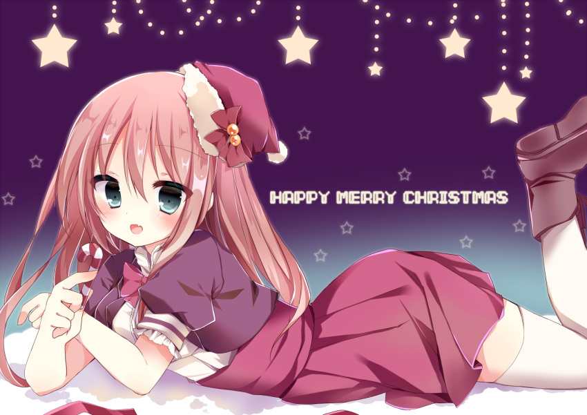 1girl :d ai_1003 bangs blush boots bow bowtie brown_footwear candy candy_cane commentary_request eyebrows_visible_through_hair fang fingernails food fur-trimmed_hat hair_between_eyes hat hat_bow holding holding_candy jacket light_brown_hair looking_at_viewer lying merry_christmas on_stomach open_mouth original pink_neckwear puffy_short_sleeves puffy_sleeves purple_jacket red_bow red_hat red_skirt santa_hat shirt short_sleeves sidelocks skirt smile solo star thigh-highs white_legwear white_shirt