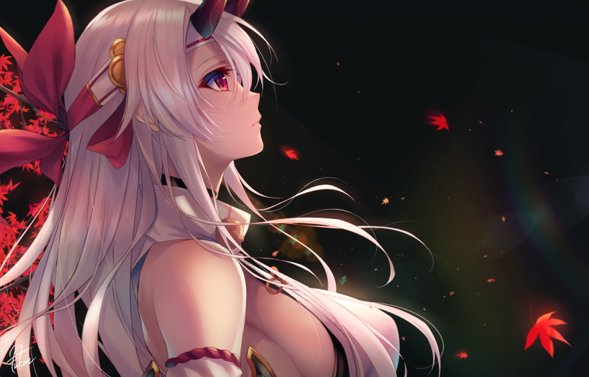 1girl bangs breasts fate/grand_order fate_(series) from_side fukai_ryousuke hachimaki headband horns japanese_clothes large_breasts leaf long_hair maple_leaf oni_horns parted_lips profile rainbow red_eyes sideboob sidelocks silver_hair solo tomoe_gozen_(fate/grand_order) upper_body