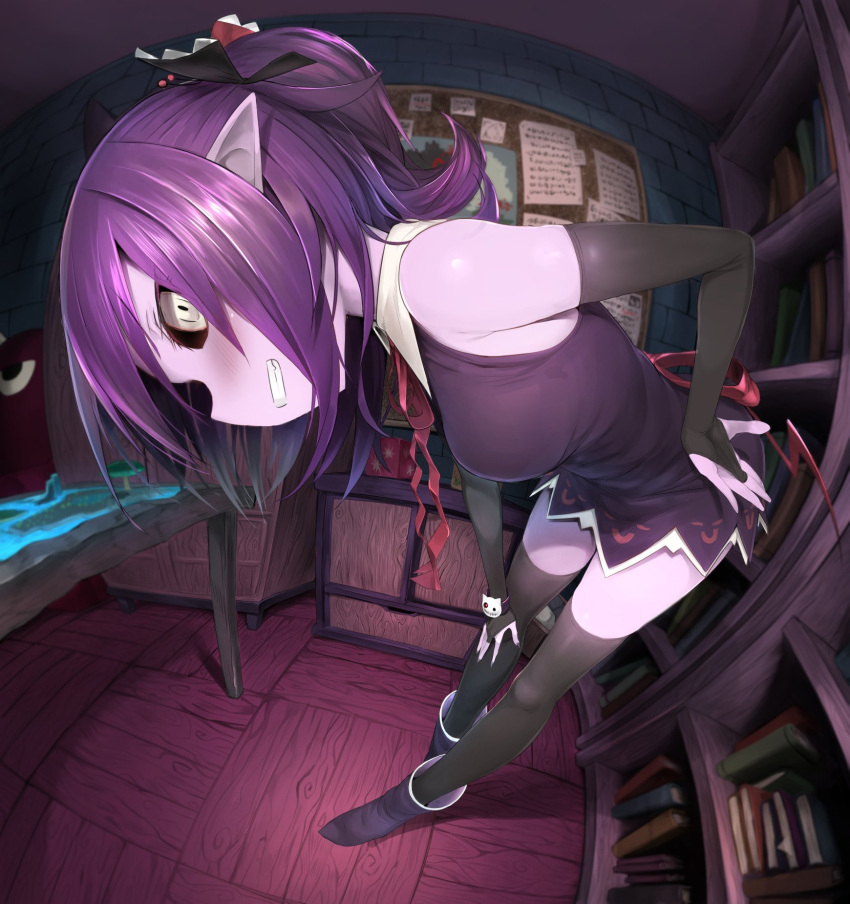 1girl bare_shoulders black_legwear black_ribbon black_sclera blush book bookshelf boots bow breasts brick_wall bridal_gauntlets bulletin_board chest_of_drawers collared_dress commentary_request dress fang fisheye from_side greatmosu grin hair_ribbon highres leaning_forward looking_at_viewer looking_to_the_side medium_breasts musume pointy_ears profile purple_dress purple_footwear purple_hair purple_skin red_bow red_neckwear ribbon sleeveless sleeveless_dress smile solo standing table thigh-highs v_yuusha_no_kuse_ni_namaiki_da_r white_eyes wooden_floor