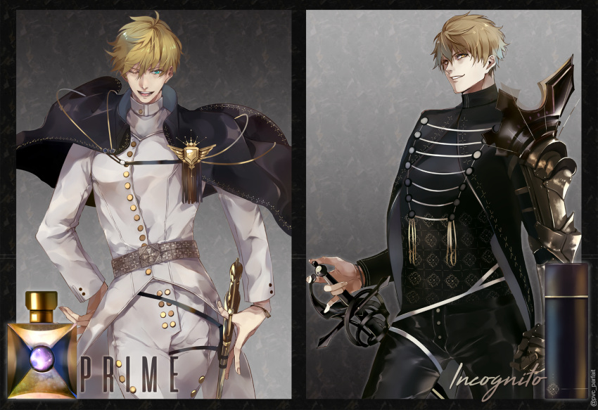 2boys alternate_costume artoria_pendragon_(all) blonde_hair blue_eyes cologne contrapposto dark_persona fake_ad fate/prototype fate_(series) male_focus multiple_boys one_eye_closed open_mouth platinum_blonde pvc_parfait saber_(fate/prototype) saber_alter smile sword weapon