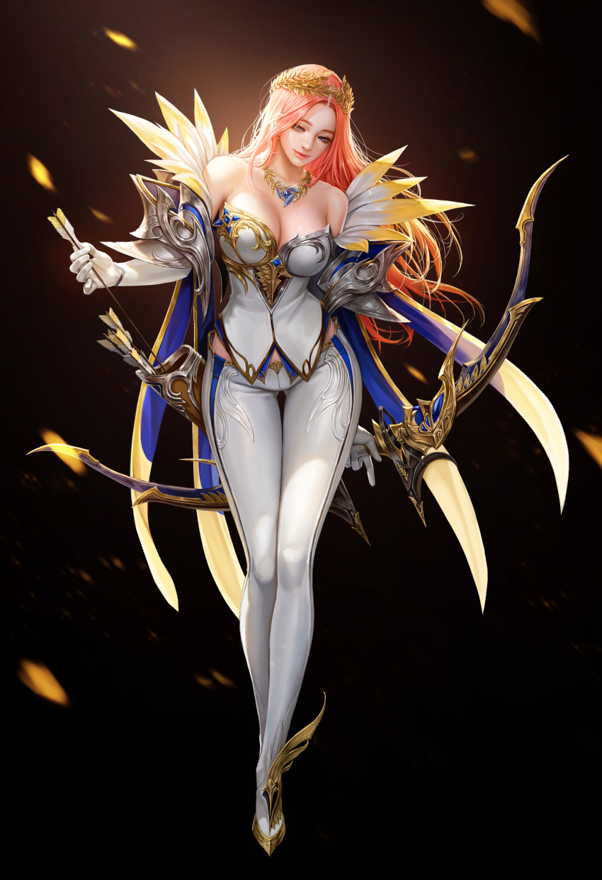 1girl absurdres archery arrow bare_shoulders blue_cape blue_eyes bow_(weapon) breasts cape cleavage corset dark_background feather_trim gloves gluteal_fold highres holding holding_weapon jewelry large_breasts laurel_crown light light_smile long_hair looking_down midriff necklace orange_hair original pants quiver sapphire_(stone) single_spaulder solo sparks taekwon_kim thigh_gap weapon white_corset white_gloves white_legwear white_pants