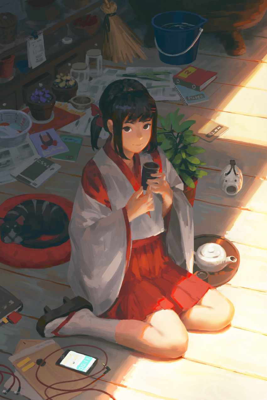 1girl absurdres basket black_hair brown_eyes bucket cat cellphone closed_mouth commentary cup cushion day earphones_removed geta guweiz hair_ornament hairclip hakama highres holding indoors japanese_clothes light_smile long_sleeves looking_at_viewer magazine miko original phone plant pleated_skirt pot potted_plant sitting skirt smartphone socks solo tabi teapot tray twintails wide_sleeves