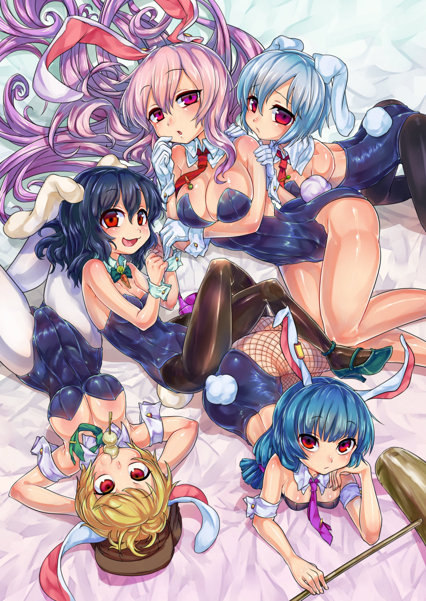 5girls absurdres animal_ears bare_arms bare_legs bare_shoulders black_bow black_hair black_legwear black_neckwear blonde_hair blue_hair blue_leotard bow bowtie breast_hold breasts bunny_tail bunnysuit carrot_necklace cleavage detached_collar fishnet_pantyhose fishnets gloves gluteal_fold green_footwear green_neckwear hair_between_eyes high_heels highres ifelt_(tamaki_zutama) inaba_tewi kine large_breasts legs_crossed leotard long_hair looking_at_viewer mallet medium_breasts medium_hair multiple_girls necktie pantyhose purple_footwear purple_hair purple_neckwear rabbit_ears red_eyes red_neckwear reisen reisen_udongein_inaba ringo_(touhou) seiran_(touhou) shoes small_breasts smile tail touhou very_long_hair white_gloves white_legwear wrist_cuffs