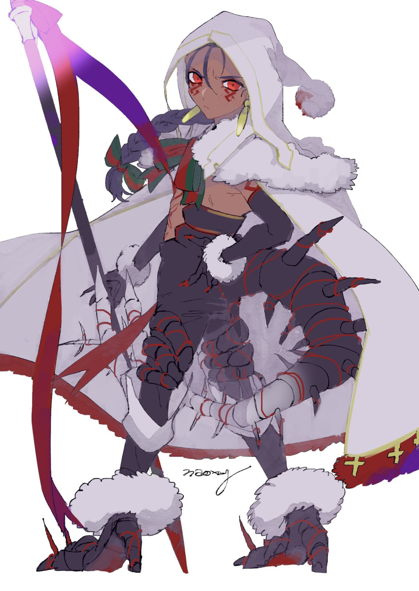 1boy blue_hair braid cu_chulainn_alter_(fate/grand_order) earrings facial_mark fate/grand_order fate_(series) fur_trim hand_on_hip highres hood jewelry lancer long_hair looking_at_viewer looking_back male_focus red_eyes ribbon santa_costume signature simple_background single_braid solo staff tail white_background younger
