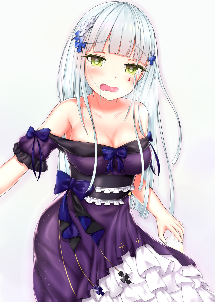 1girl alcohol alternate_costume armpit_peek bangs bare_shoulders blue_bow blunt_bangs blush bow breasts cleavage collarbone corset cross cup dress drinking_glass drunk eyebrows_visible_through_hair eyes_visible_through_hair frilled_dress frills girls_frontline glass gmkj green_eyes grey_background hair_between_eyes hair_ornament hairclip highres hk416_(girls_frontline) holding holding_drinking_glass large_breasts leaning_forward long_hair looking_at_viewer makeup medium_breasts off_shoulder open_mouth outstretched_arm saliva sidelocks silver_hair simple_background smile solo teardrop
