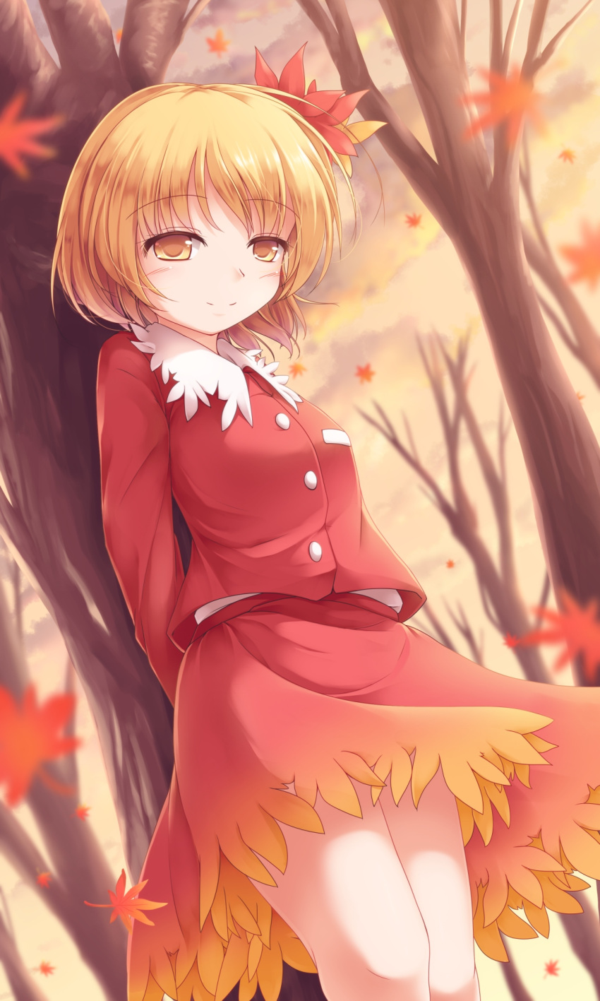 1girl aki_shizuha arms_behind_back autumn autumn_leaves blonde_hair eyebrows_visible_through_hair falling_leaves forest hair_ornament highres leaf_hair_ornament light_smile looking_at_viewer lzh nature red_shirt shirt short_hair skirt skirt_set solo touhou tree yellow_eyes