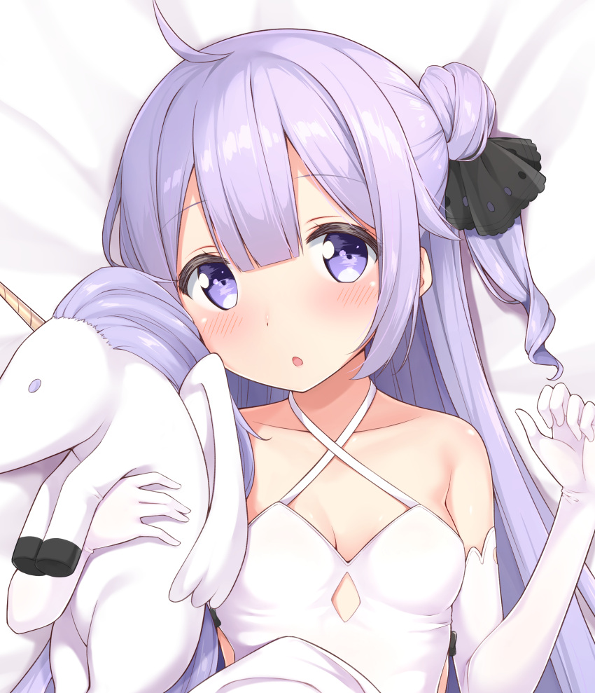 1girl :o absurdres ahoge azur_lane bangs bare_shoulders bed_sheet black_ribbon blush breasts collarbone criss-cross_halter dress elbow_gloves eyebrows_visible_through_hair gloves hair_between_eyes hair_bun hair_ribbon halterneck hands_up head_tilt highres karutamo long_hair looking_at_viewer lying object_hug on_back one_side_up parted_lips purple_hair ribbon side_bun small_breasts solo stuffed_animal stuffed_pegasus stuffed_toy stuffed_unicorn unicorn_(azur_lane) very_long_hair violet_eyes white_dress white_gloves