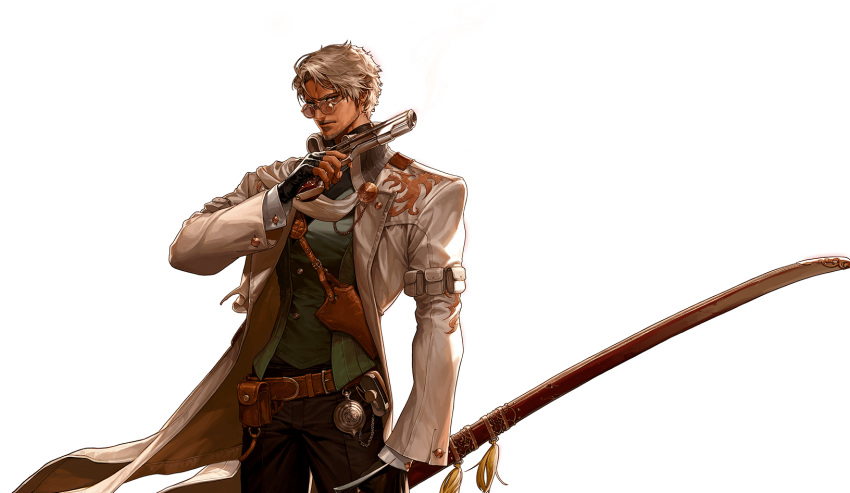 artist_request black_pants coat dark_skin dungeon_and_fighter facial_hair fingerless_gloves glasses gloves gun gunblader_(dungeon_and_fighter) handgun highres holster katana official_art open_clothes open_coat pants pistol pocket_watch stubble sword trench_coat vest watch weapon white_hair