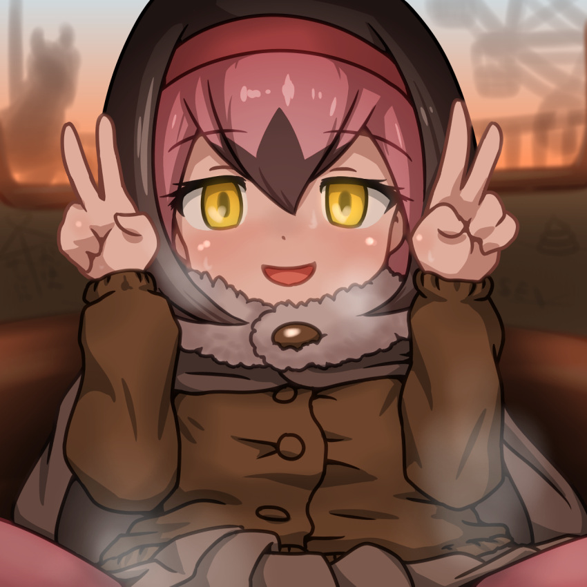 1girl ai_ai_gasa blush brown_hair buttons dodo_(kemono_friends) double_v evening eyebrows_visible_through_hair fur_collar hair_between_eyes heart heart-shaped_pupils highres kemono_friends long_sleeves looking_at_viewer multicolored_hair pink_hair smile solo spread_legs symbol-shaped_pupils v vostok_(vostok061) yellow_eyes