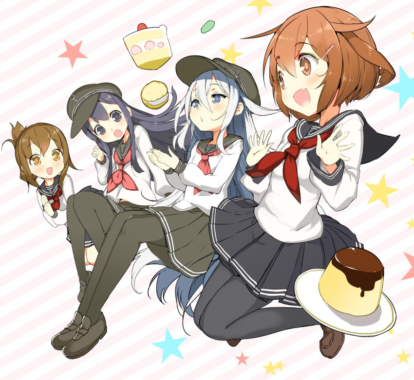 4girls :d akatsuki_(kantai_collection) black_eyes black_hair black_legwear brown_eyes brown_hair commentary_request folded_ponytail food grey_eyes hair_ornament hairclip hat hibiki_(kantai_collection) highres ikazuchi_(kantai_collection) inazuma_(kantai_collection) kantai_collection long_hair macaron multiple_girls naitou_ryuu open_mouth pantyhose pleated_skirt pudding school_uniform serafuku shoes short_hair silver_hair skirt smile strawberry_shortcake