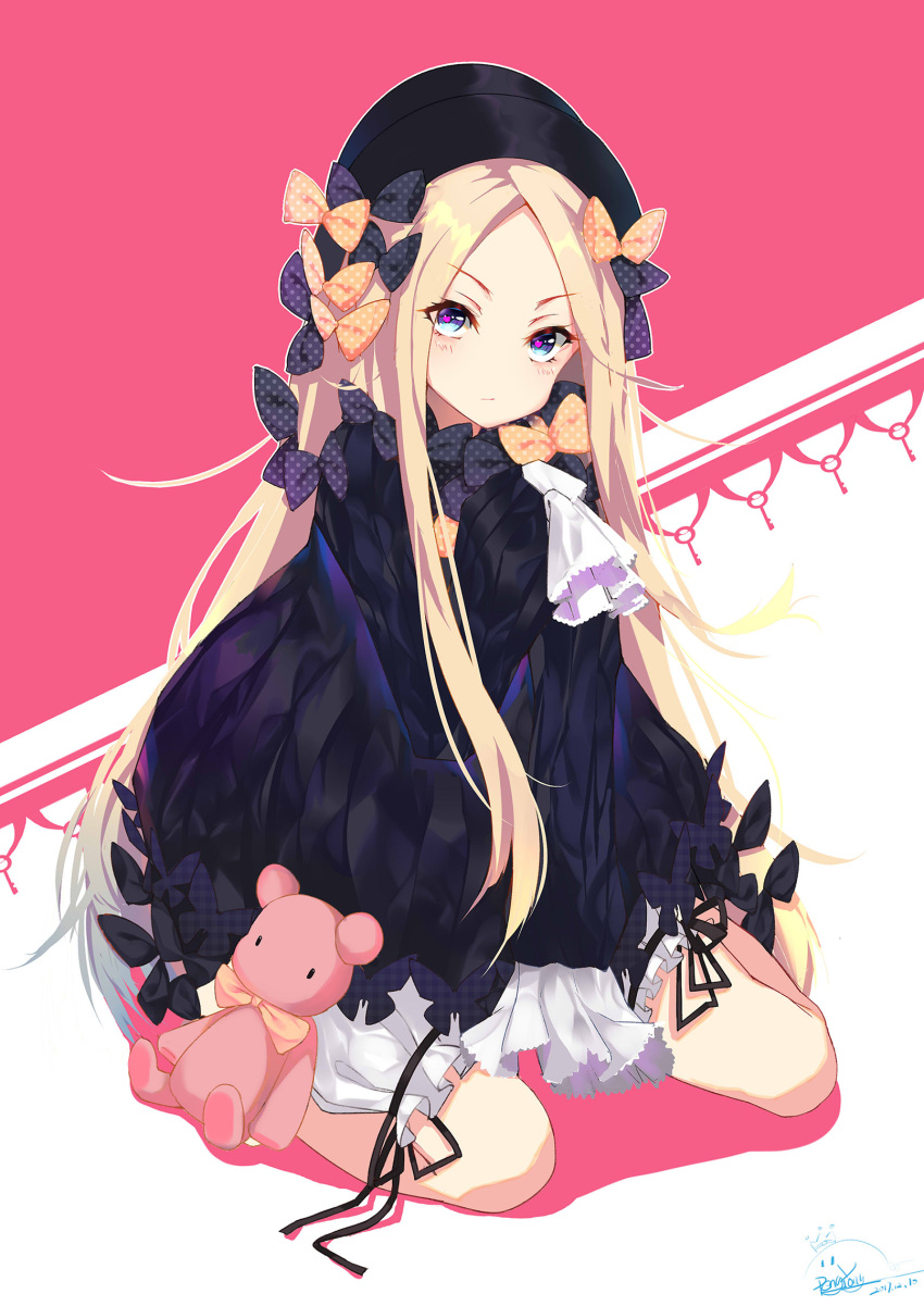 1girl abigail_williams_(fate/grand_order) bangs black_bow black_dress black_hat blonde_hair bloomers blue_eyes blush bow butterfly closed_mouth commentary_request dress eyebrows_visible_through_hair fate/grand_order fate_(series) hair_bow hands_in_sleeves hat head_tilt heart heart-shaped_pupils highres long_hair long_sleeves looking_at_viewer orange_bow parted_bangs peng_yong polka_dot polka_dot_bow signature sitting solo stuffed_animal stuffed_toy symbol-shaped_pupils teddy_bear underwear v-shaped_eyebrows very_long_hair wariza white_bloomers