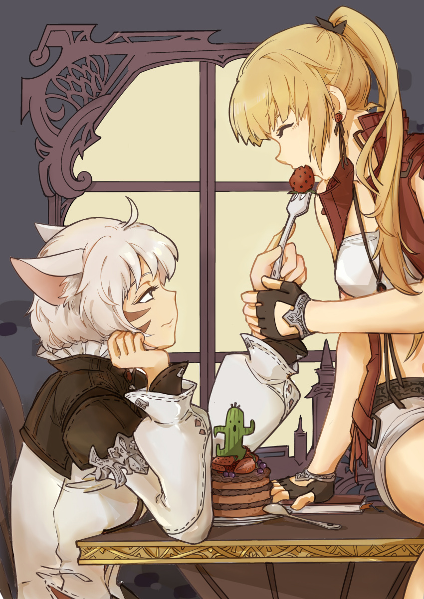 2girls absurdres blonde_hair final_fantasy final_fantasy_xiv food fruit highres lb_kkk lyse_(ffxiv) miqo'te multiple_girls pickle smile strawberry y'shtola yuri