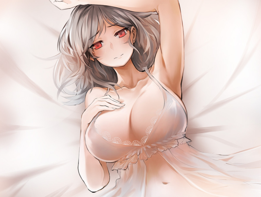 1girl 3: arm_up armpits blush breasts cleavage closed_mouth collarbone eyebrows_visible_through_hair girls_frontline grey_hair hand_on_own_chest large_breasts lingerie long_hair looking_at_viewer lying medium_hair navel negligee on_back red_eyes snowru solo spas-12_(girls_frontline) underwear