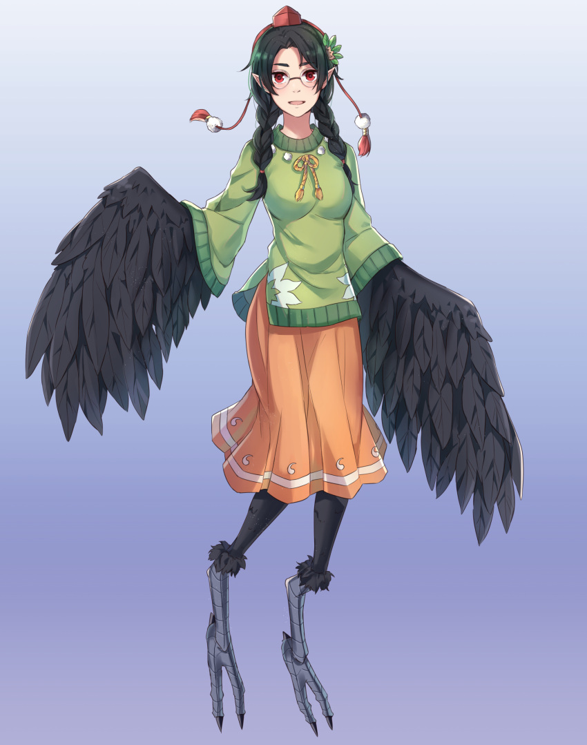 1girl :d annabel-m black_hair blue_background blush braid claws commission crow_tengu feathered_wings feathers full_body gradient gradient_background green_sweater hair_ornament hairband harpy hat highres long_hair long_sleeves looking_at_viewer monster_girl monster_girl_encyclopedia open_mouth orange_skirt pleated_skirt pointy_ears red_eyes skirt smile solo tassel tokin_hat twin_braids wings