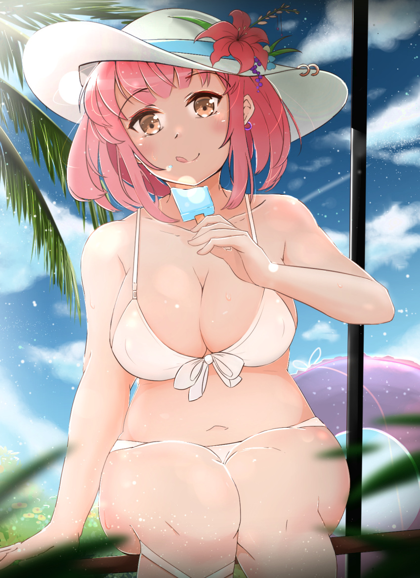 1girl bikini blue_sky breasts brown_eyes clouds day eating flower hat hat_flower hibiscus highres large_breasts licking_lips navel original outdoors palm_tree pink_hair plump sabaneko sitting sky solo swimsuit tongue tongue_out tree