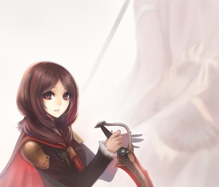 bangs black_jacket brown_eyes brown_hair cape final_fantasy final_fantasy_type-0 flag highres holding holding_sword holding_weapon jacket long_sleeves looking_at_viewer medium_hair mins_(minevi) parted_bangs parted_lips red_cape sword tokimiya_rem upper_body weapon