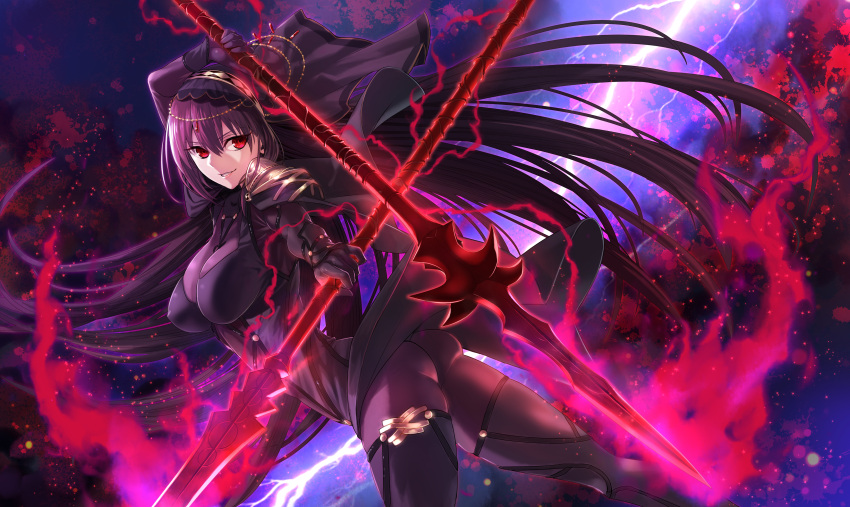 1girl absurdres ass bodysuit breasts dual_persona electricity erect_nipples fate/grand_order fate_(series) gae_bolg highres hinomoto_madoka holding holding_weapon large_breasts long_hair pauldrons purple_hair red_eyes scathach_(fate/grand_order) smile solo veil weapon
