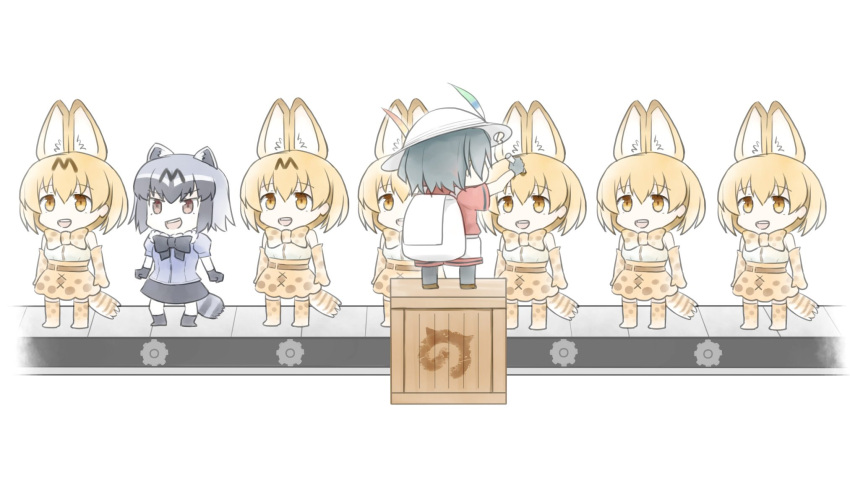 6+girls :d animal_ears backpack bag black_hair blonde_hair box brown_eyes chibi commentary common_raccoon_(kemono_friends) extra_ears gensuke_(ryun) grey_hair hat hat_feather highres japari_symbol kaban_(kemono_friends) kemono_friends marker multicolored_hair multiple_girls multiple_persona odd_one_out open_mouth raccoon_ears raccoon_tail serval_(kemono_friends) serval_ears serval_print serval_tail short_hair simple_background smile standing_on_box tail white_background yellow_eyes