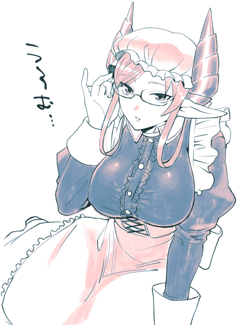 1girl apron breasts buttons collared_dress demon_girl demon_horns dress erect_nipples eyebrows eyebrows_visible_through_hair eyelashes ezaki_papiko fingernails glasses hat highres horns large_breasts long_sleeves looking_at_viewer maid maid_apron melusine_(tokyo_afterschool_summoners) mob_cap palms parted_lips pointy_ears puffy_long_sleeves puffy_sleeves short_hair simple_background solo tokyo_afterschool_summoners tsurime under-rim_eyewear waist_apron white_background