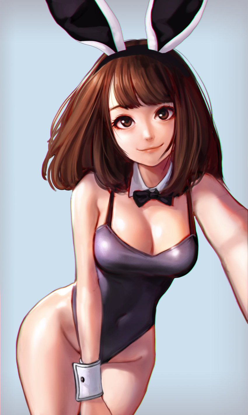 1girl absurdres animal_ears black_neckwear black_swimsuit bow bowtie breasts brown_eyes brown_hair bunny_girl cleavage covered_navel detached_collar grey_background highleg highleg_swimsuit highres jungon_kim leaning_forward lips looking_at_viewer medium_hair original rabbit_ears solo swimsuit wrist_cuffs
