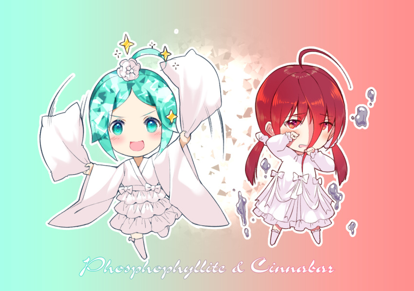 androgynous blush character_name green_eyes green_hair hair_ornament hmniao houseki_no_kuni long_hair pajamas phosphophyllite pillow red_eyes redhead shinsha_(houseki_no_kuni) short_hair smile twintails