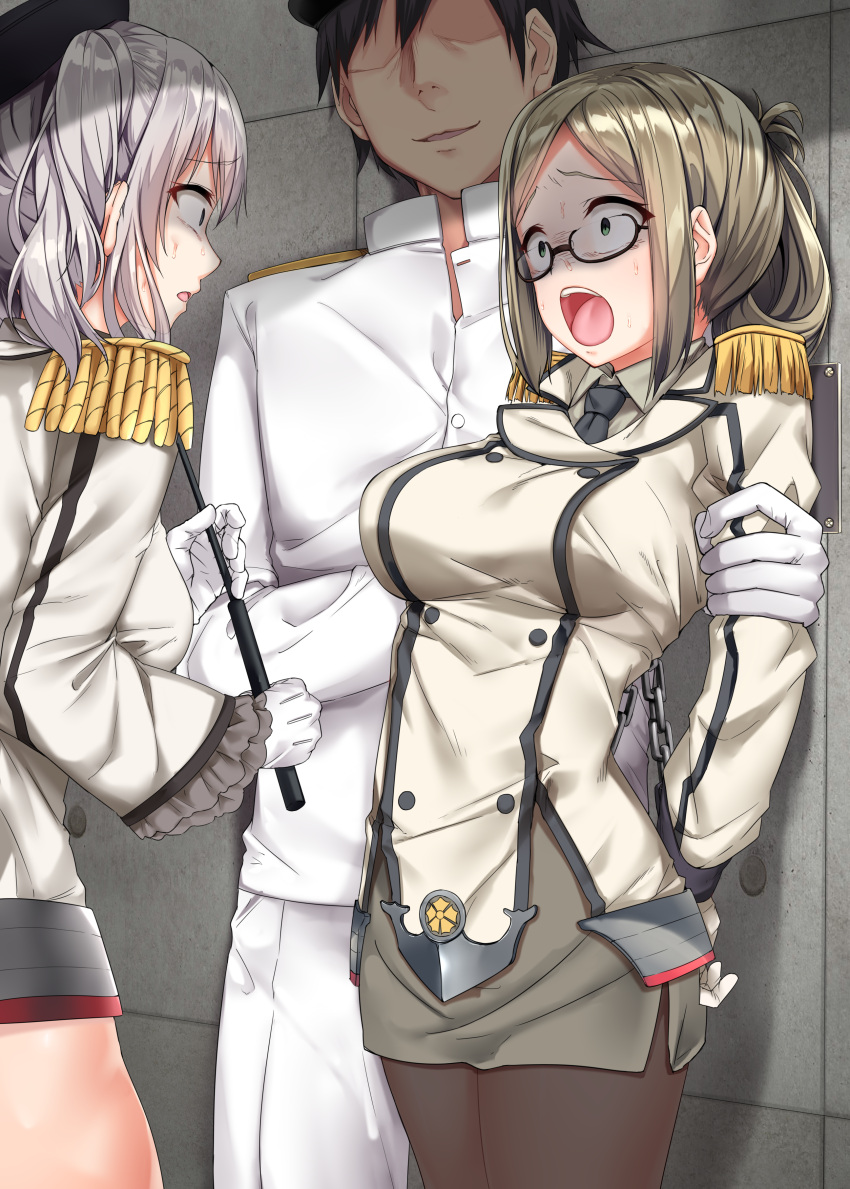 1boy 2girls absurdres admiral_(kantai_collection) beret black_hair black_neckwear breasts brown_legwear commentary_request constricted_pupils epaulettes evil_smile folded_ponytail gloves green_eyes grey_eyes grey_shirt grey_skirt hat highres jacket jaku_denpa kantai_collection kashima_(kantai_collection) katori_(kantai_collection) large_breasts light_brown_hair long_sleeves military military_uniform multiple_girls naval_uniform necktie open_mouth pantyhose revision scared shaded_face shirt short_hair silver_hair skirt smile two_side_up uniform white_gloves white_jacket