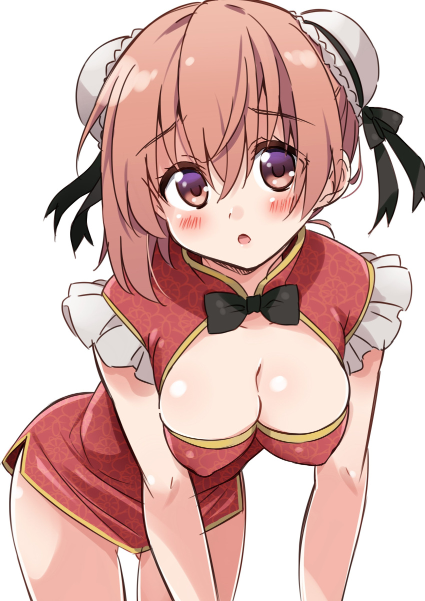 1girl :o absurdres bent_over black_neckwear blush bow bowtie breasts brown_hair bun_cover china_dress chinese_clothes cleavage_cutout copyright_request cowboy_shot double_bun dress erect_nipples gluteal_fold hair_between_eyes highres looking_at_viewer medium_breasts mousou_(mousou_temporary) parted_lips red_dress short_dress short_hair short_sleeves simple_background solo violet_eyes white_background