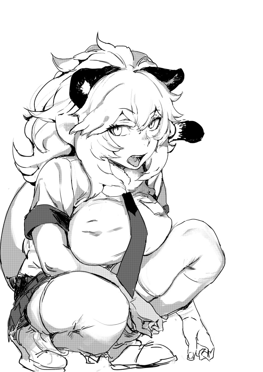1girl absurdres animal_ears breast_pocket breasts eyebrows_visible_through_hair fingernails full_body greyscale hair_between_eyes highres hiranko kemono_friends large_breasts lion_(kemono_friends) lion_ears lion_tail long_hair looking_at_viewer monochrome open_mouth pleated_skirt pocket shoes short_sleeves simple_background skindentation skirt slit_pupils solo squatting tail thigh-highs white_background