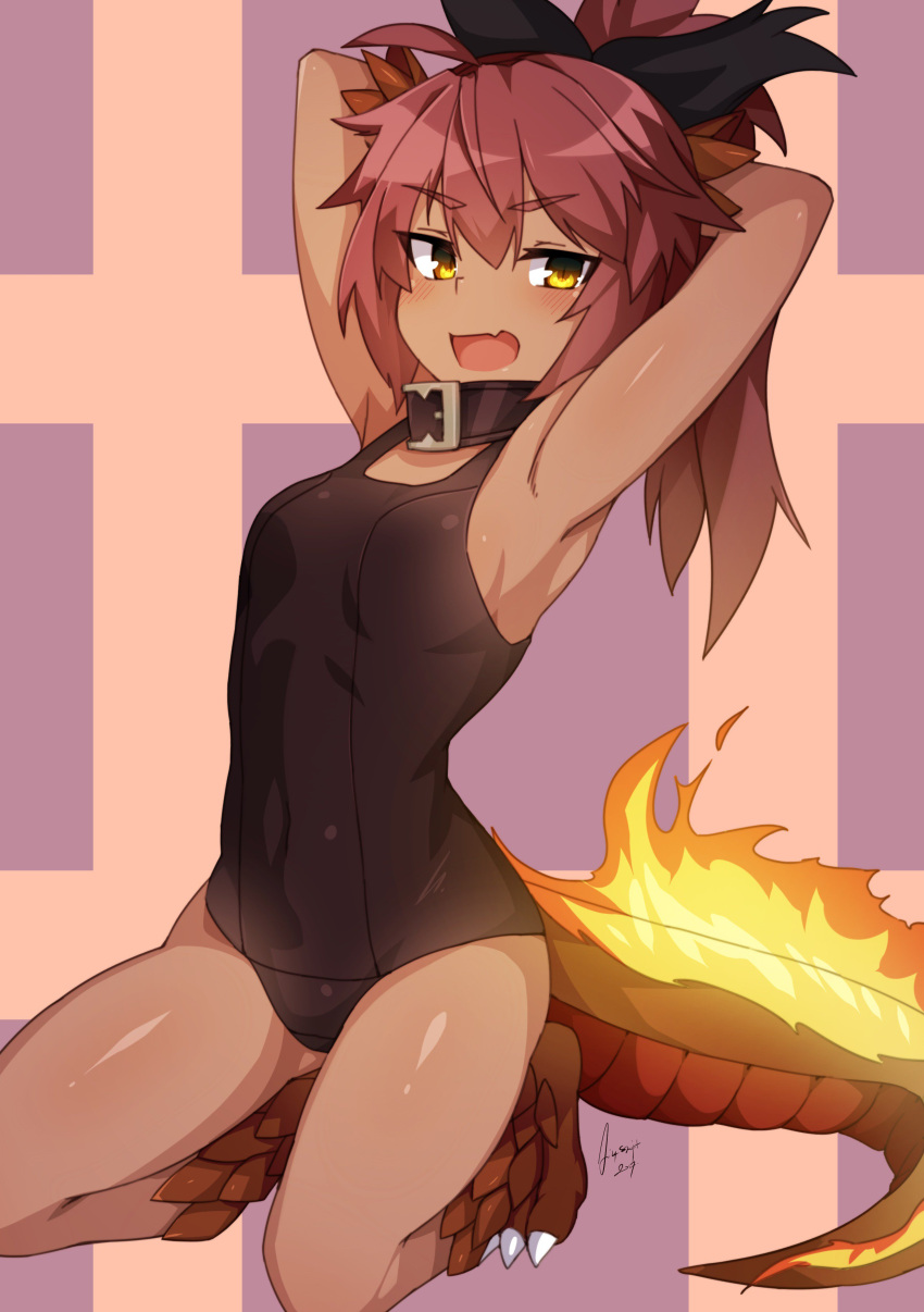 1girl absurdres armpits arms_behind_back black_swimsuit breasts collar commentary dark_skin eyebrows_visible_through_hair fang fiery_tail fire full_body hair_ribbon highres lizard_tail long_hair looking_at_viewer monster_girl monster_girl_encyclopedia one-piece_swimsuit open_mouth paws ponytail redhead ribbon salamander_(monster_girl_encyclopedia) scales signature simple_background slit_pupils small_breasts solo swimsuit tail tilt-shift v-shaped_eyebrows yellow_eyes younger