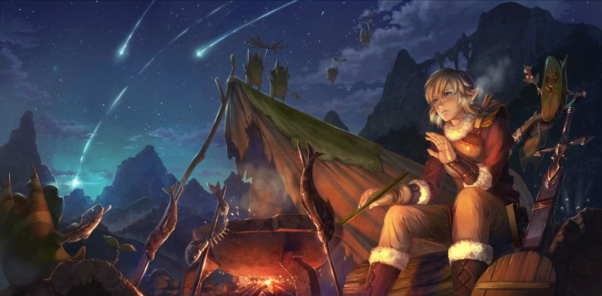 1boy blonde_hair food highres link long_hair male_focus mikan_yuzuko night pointy_ears ponytail sky solo tend the_legend_of_zelda the_legend_of_zelda:_breath_of_the_wild