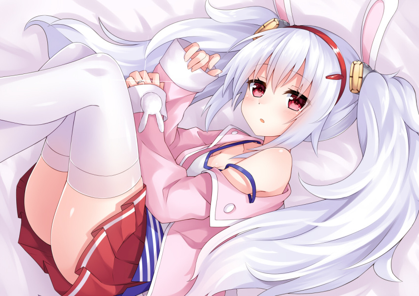 1girl animal_ears azur_lane bangs bare_shoulders bed_sheet breasts camisole cleavage collarbone commentary_request eyebrows_visible_through_hair hair_between_eyes hair_ornament hairband jacket jewelry komori_kuzuyu laffey_(azur_lane) long_hair long_sleeves looking_at_viewer lying off_shoulder on_side parted_lips pink_jacket pleated_skirt rabbit_ears red_eyes red_hairband red_skirt ring silver_hair skirt sleeves_past_wrists small_breasts solo strap_slip thigh-highs twintails very_long_hair wedding_band white_camisole white_legwear