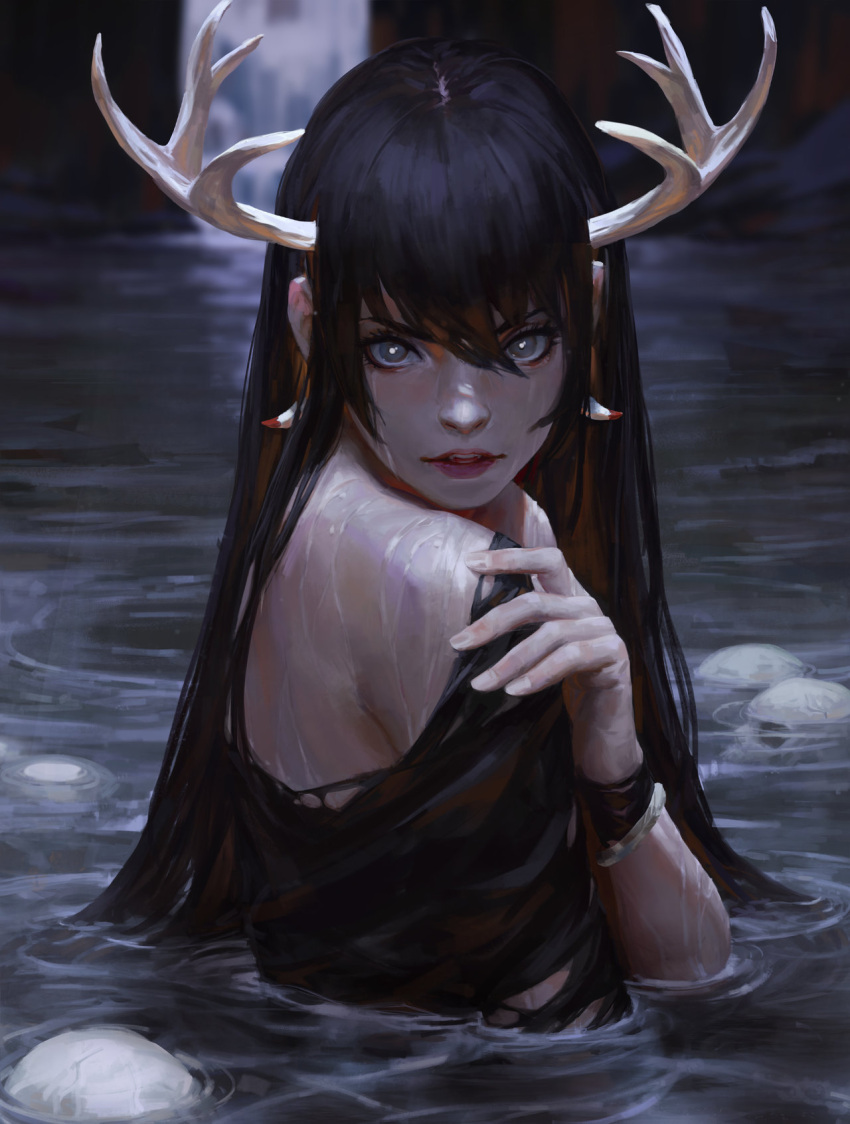 1girl antlers bare_back bare_shoulders earrings fingernails from_behind grey_eyes guweiz hair_between_eyes highres jewelry lake long_hair looking_at_viewer looking_back original parted_lips partially_submerged skull solo torn_clothes very_long_hair water waterfall wet