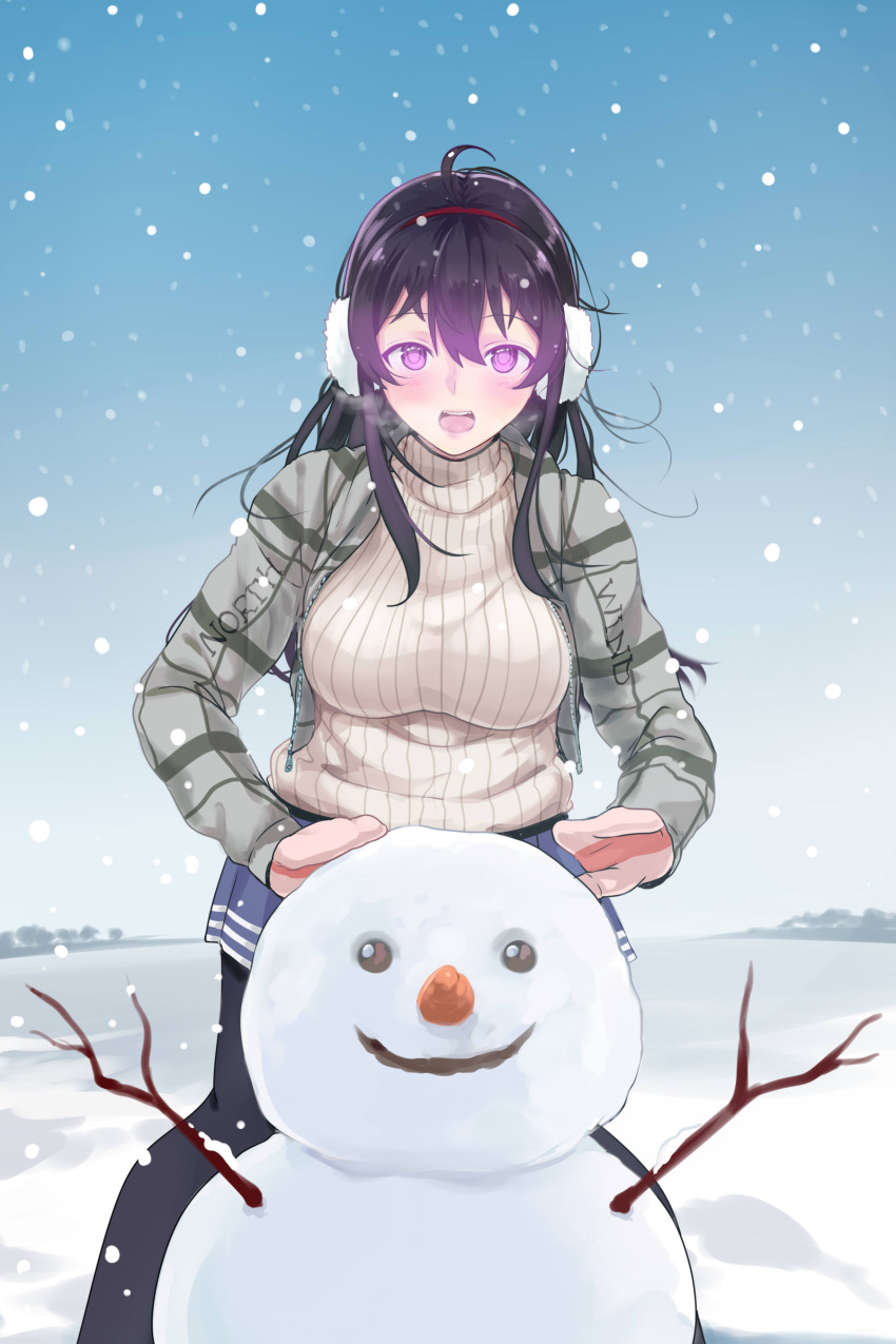 1girl :d absurdres ahoge beifeng_han black_hair black_legwear blue_skirt breasts commentary_request earmuffs gloves hair_between_eyes highres jacket large_breasts long_hair looking_at_viewer miyaura_sanshio open_mouth original outdoors pantyhose pleated_skirt ribbed_sweater skirt smile snow snowing snowman solo sweater violet_eyes