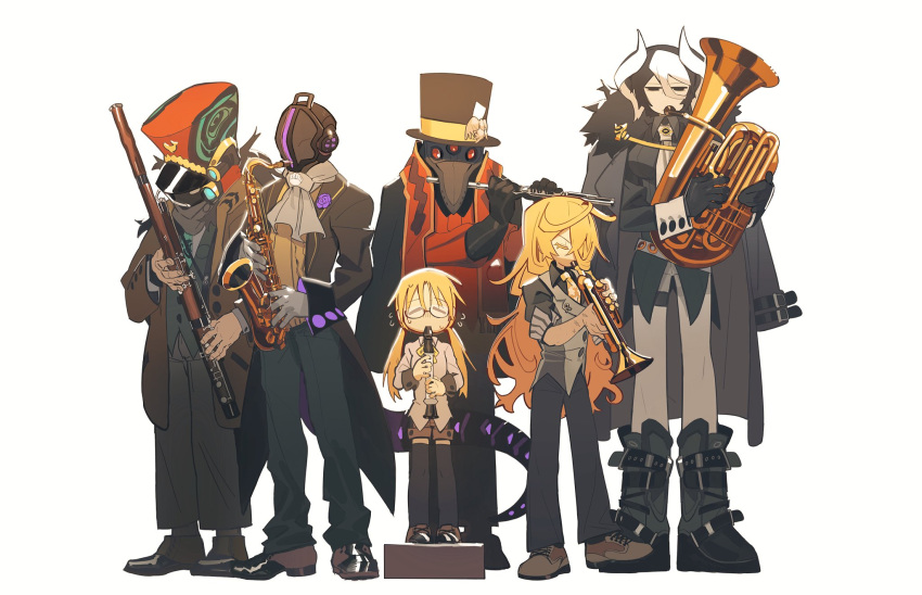 3girls bondrewd clarinet flute highres instrument knifedragon lyza made_in_abyss multiple_girls ozen riko_(made_in_abyss) saxophone simple_background srajo trombone trumpet tuba wakuna white_background