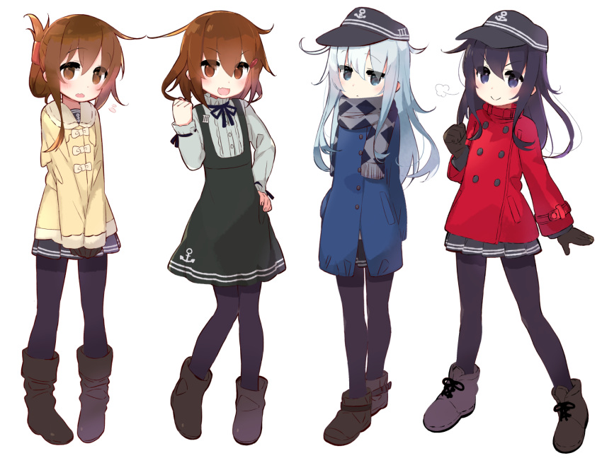 4girls akatsuki_(kantai_collection) anchor_symbol argyle argyle_scarf arm_at_side arms_behind_back bangs black_gloves black_hat black_legwear black_skirt blue_coat blue_eyes blue_hair blush boots brown_eyes brown_footwear brown_gloves brown_hair clenched_hand closed_mouth coat commentary_request dress eyebrows_visible_through_hair fingernails flat_cap flying_sweatdrops folded_ponytail gloves green_dress grey_scarf hair_between_eyes hair_ornament hairclip hand_on_hip hand_up hat hibiki_(kantai_collection) ikazuchi_(kantai_collection) inazuma_(kantai_collection) kantai_collection long_hair long_sleeves looking_at_viewer multiple_girls own_hands_together pantyhose pleated_skirt purple_hair red_coat scarf shirt simple_background skirt smile standing v_arms violet_eyes white_background white_shirt yellow_coat yoru_nai