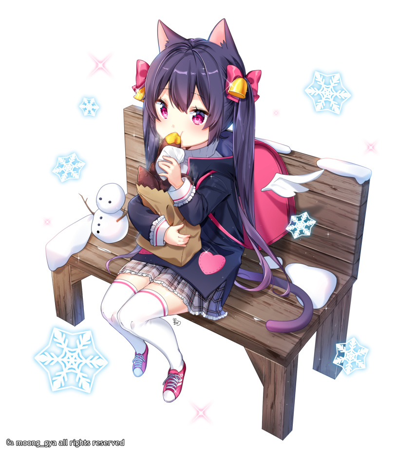 1girl :t animal_ears backpack bag bangs bell bench black_jacket blush bow cat_ears cat_girl cat_tail commentary_request eating eyebrows_visible_through_hair food grey_skirt hair_bell hair_between_eyes hair_bow hair_ornament highres holding holding_food jacket long_hair long_sleeves looking_away moong_gya original paper_bag pink_bow pink_footwear plaid plaid_skirt pleated_skirt purple_hair shoes sitting skirt sneakers snow snowflakes snowman solo sweater sweet_potato tail thigh-highs twintails very_long_hair violet_eyes white_background white_legwear white_sweater white_wings wings yakiimo