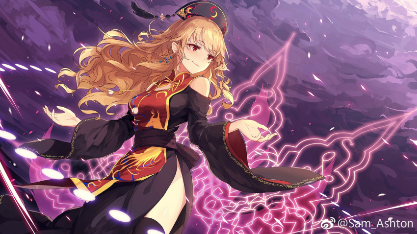 1girl black_hat black_legwear blonde_hair breasts closed_mouth danmaku earrings fingernails hat highres jewelry junko_(touhou) long_hair long_sleeves looking_to_the_side medium_breasts outstretched_arms red_eyes sam_ashton sash smile solo tabard thigh-highs touhou wavy_hair wide_sleeves