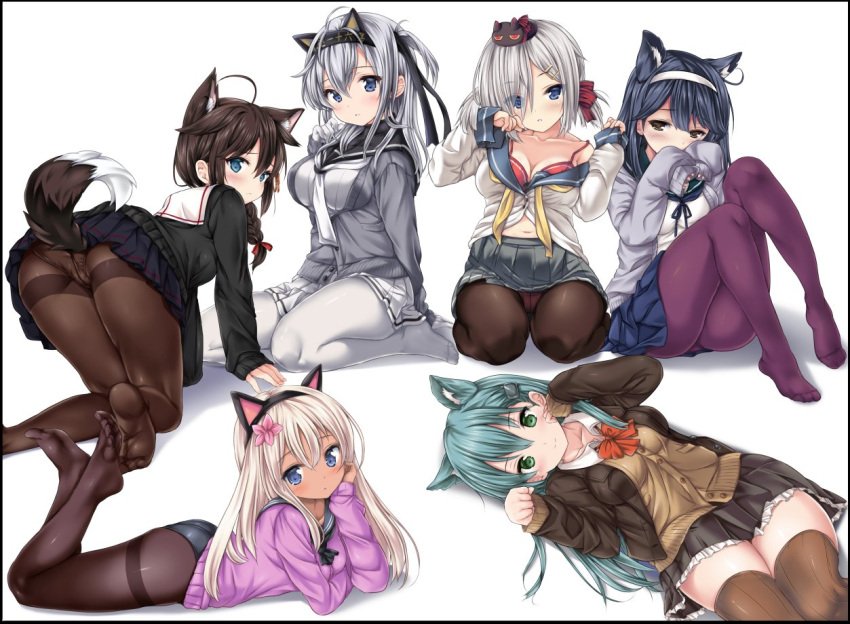 6+girls ahoge all_fours alternate_legwear animal animal_ears animal_on_head aqua_hair arm_behind_back ass black_border black_cat black_hairband black_legwear black_panties black_serafuku black_shirt black_skirt blonde_hair blue_eyes blue_hair blue_skirt blush border bow bowtie bra braid breasts brown_eyes brown_hair brown_skirt buttons cat cat_ears cat_on_head cleavage closed_mouth collared_shirt covering_mouth dark_skin embarrassed eyebrows_visible_through_hair fake_animal_ears fox_ears fox_tail frilled_skirt frills full_body gloves green_eyes grey_jacket grey_skirt hair_between_eyes hair_ornament hair_over_one_eye hair_over_shoulder hair_ribbon hairband hairclip hamakaze_(kantai_collection) hand_on_own_cheek hands_up hat jacket kantai_collection kemonomimi_mode knees_up legs_up long_hair long_sleeves looking_at_viewer looking_back lying medium_breasts miniskirt multiple_girls navel neckerchief nijimoto_hirok no_shoes on_back on_head one_side_up open_clothes open_jacket open_shirt panties panties_under_pantyhose pantyhose pantyshot pantyshot_(sitting) party_hat paw_pose pink_panties pink_sweater pleated_skirt purple_legwear red_bow red_bra red_neckwear red_ribbon remodel_(kantai_collection) ribbon ro-500_(kantai_collection) school_uniform seiza serafuku shigure_(kantai_collection) shirt simple_background single_braid sitting skirt sleeves_past_wrists smile suzutsuki_(kantai_collection) suzuya_(kantai_collection) sweater swimsuit swimsuit_under_clothes tail thigh-highs thighband_pantyhose thihs underwear ushio_(kantai_collection) very_long_hair wariza white_background white_gloves white_hairband white_legwear white_neckwear white_shirt white_skirt wing_collar yellow_neckwear zettai_ryouiki