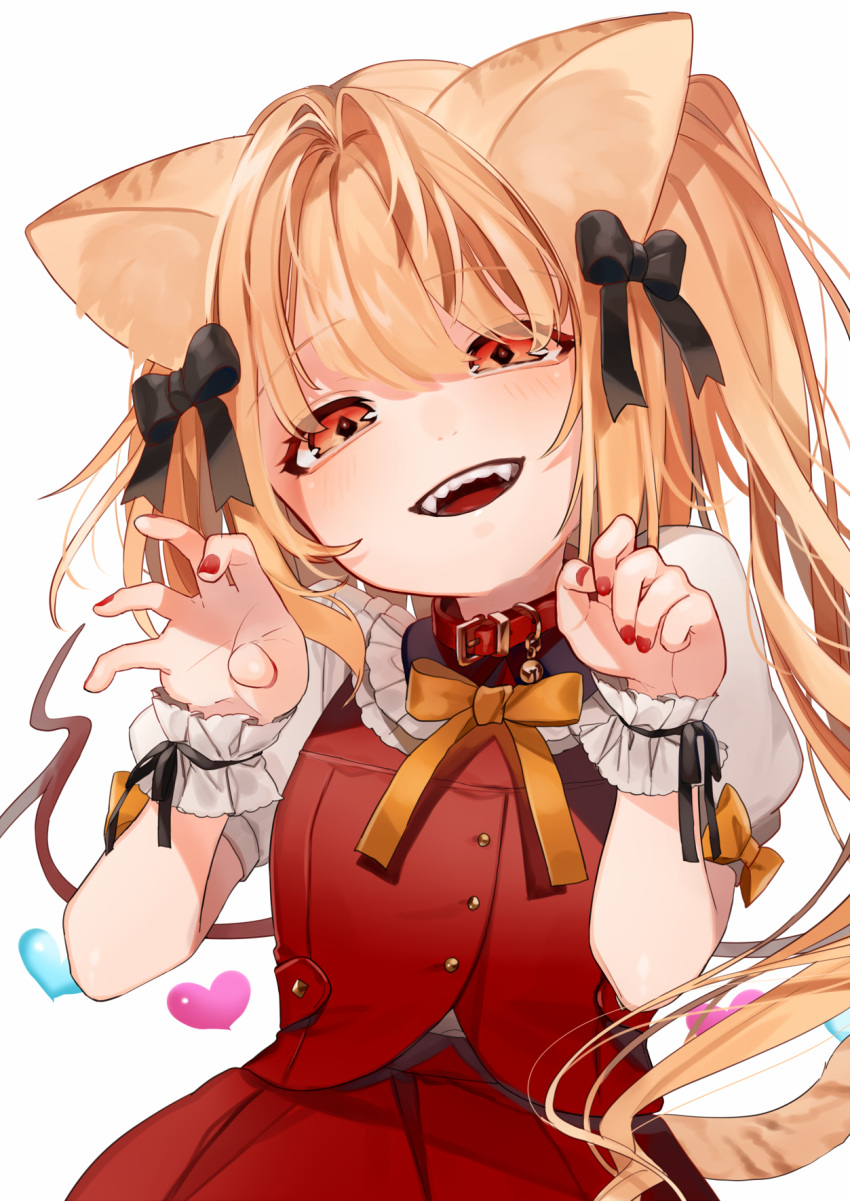 1girl animal_ears bangs bell black_bow blonde_hair bow buttons cat_ears cat_tail claw_pose collar commentary fangs flandre_scarlet gotoh510 hair_bow head_tilt heart highres jingle_bell kemonomimi_mode long_hair looking_at_viewer nail_polish puffy_short_sleeves puffy_sleeves red_eyes red_nails red_skirt short_sleeves simple_background skirt skirt_set smile solo tail touhou vest white_background wings wrist_cuffs