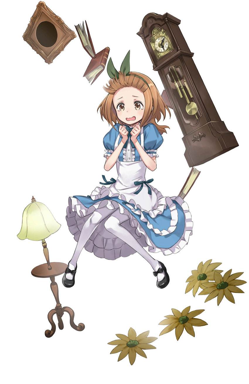 1girl :o alice_(wonderland) alice_(wonderland)_(cosplay) alice_in_wonderland beatrice_(princess_principal) black_footwear book brown_eyes brown_hair clenched_hands clock cosplay full_body grandfather_clock hairband hands_up highres lamp looking_at_viewer medium_hair official_art pantyhose picture_frame princess_principal princess_principal_game_of_mission puffy_short_sleeves puffy_sleeves shoes short_sleeves solo standing tears transparent_background white_legwear