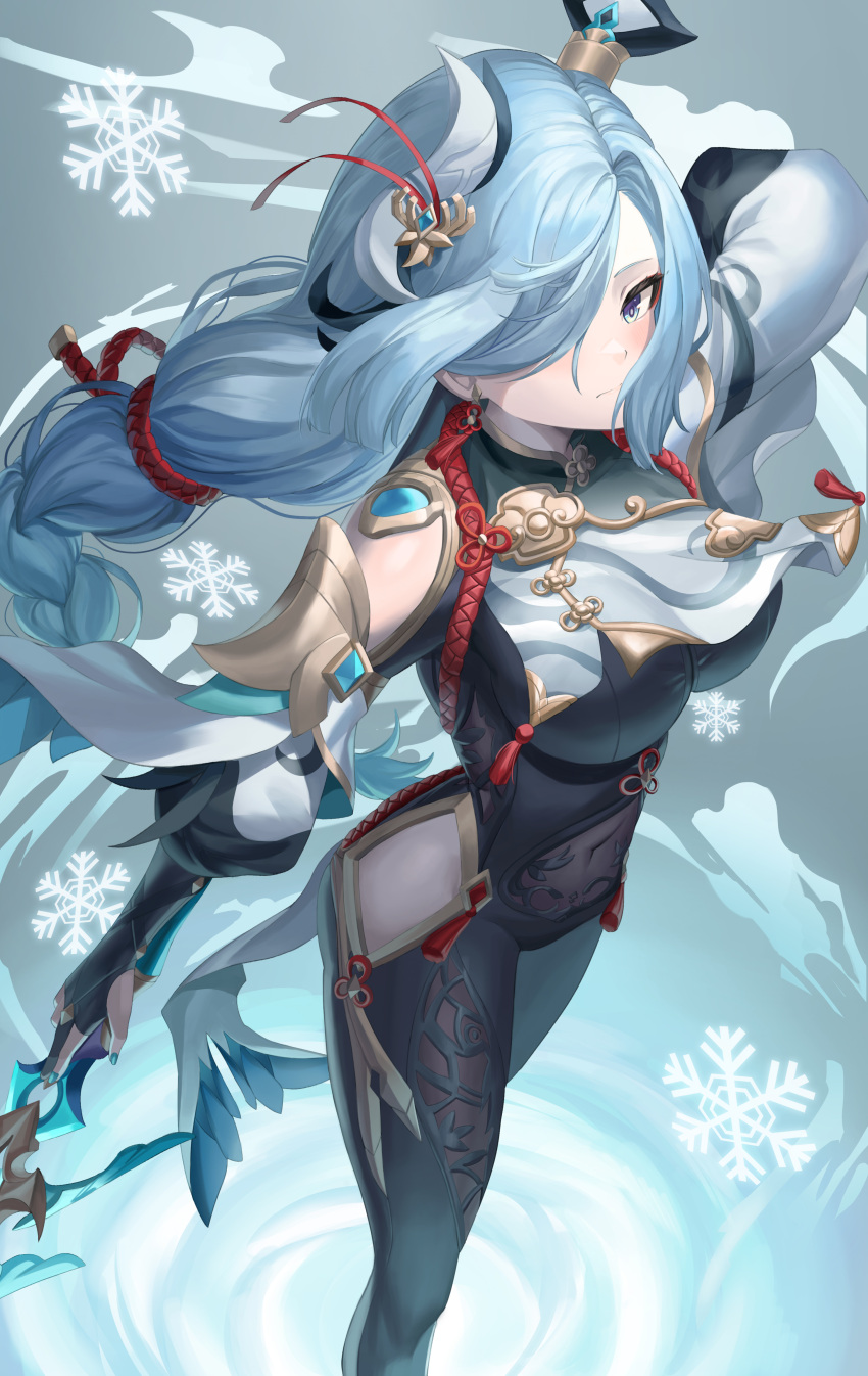 1girl absurdres bare_shoulders blue_eyes blue_hair bodysuit braid breasts covered_navel fingerless_gloves genshin_impact gloves hair_ornament hair_over_one_eye highres hip_vent holding holding_weapon large_breasts polearm shenhe_(genshin_impact) skl solo weapon