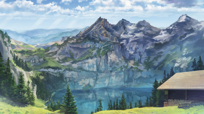 blue_sky clouds cloudy_sky day fantasy firewood forest graphite_(medium) highres house lake nature no_humans original outdoors pine_tree reflection revision scenery shack sky somei_yoshinori traditional_media tree valley