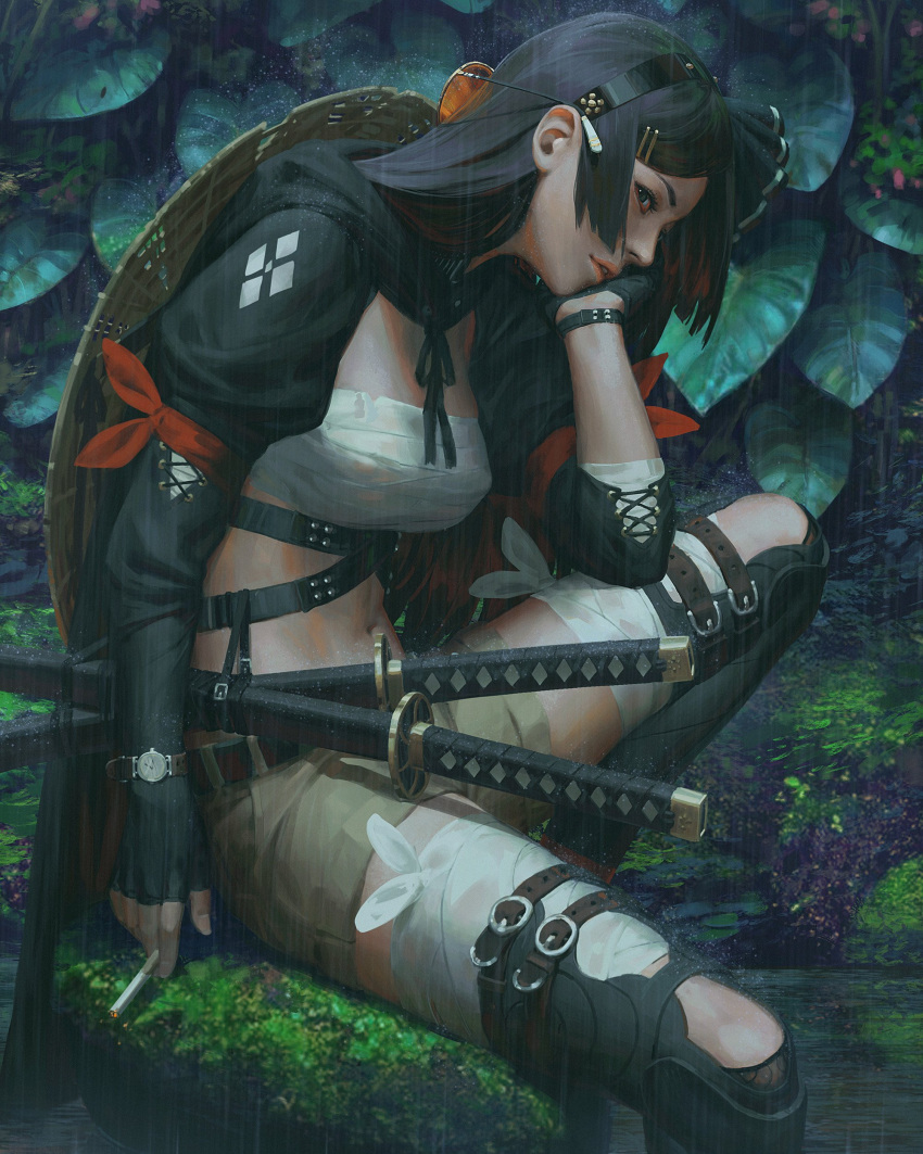 1girl absurdres armband bandage bandaged_leg bandages belt black_eyes black_gloves black_hair breasts chin_rest cigarette fingerless_gloves glasses gloves grey_shorts guweiz hair_ornament hairclip highres holding holding_cigarette juliet_sleeves katana large_breasts leaf leg_belt long_hair long_sleeves looking_at_viewer navel original outdoors puffy_sleeves rain sarashi shorts sitting solo sword watch weapon wristband