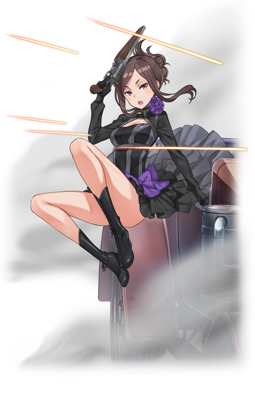 1girl :o black_footwear black_gloves black_skirt boots bow breasts brown_hair bullet car cleavage dorothy_(princess_principal) full_body gloves ground_vehicle gun highres holding holding_gun holding_weapon jpeg_artifacts long_hair looking_at_viewer midair motor_vehicle official_art princess_principal princess_principal_game_of_mission purple_bow skirt solo transparent_background violet_eyes weapon